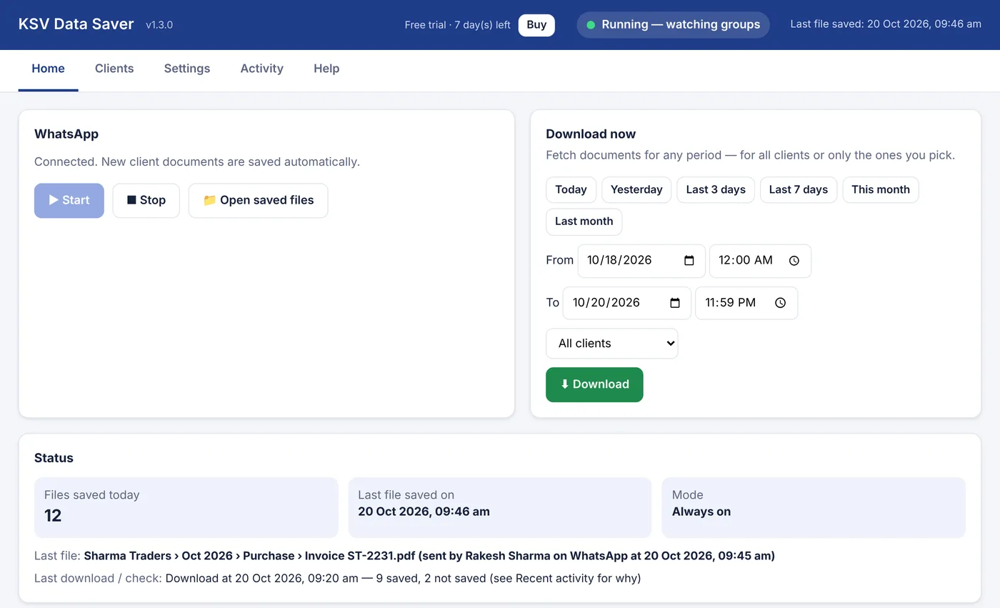 KSV Data Saver dashboard: running, files saved today, last file saved with time, download for any period